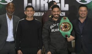 Alexis Rocha and Raul Curiel pose fight press conference photo