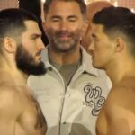 Artur Beterbiev intense face off with Dmitry Bivol at rematch weight in