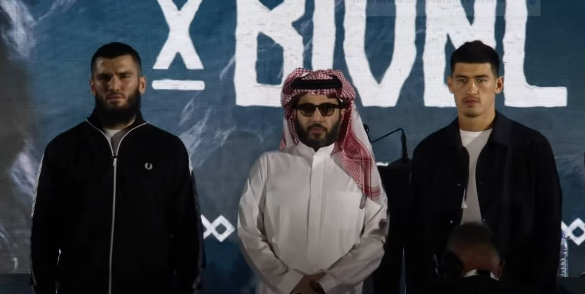 Artur Beterbiev, Turki Al-Sheikh and Dmitry Bivol