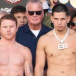 Canelo Alvarez and Edgar Berlanga pose for photos after weigh in