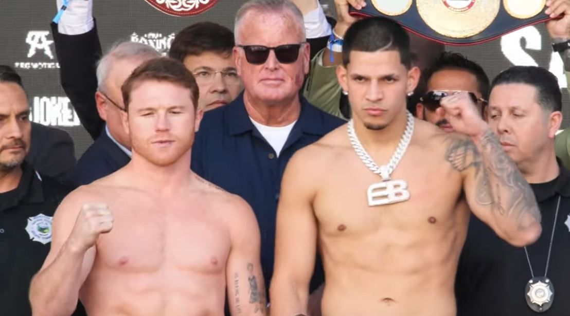 Canelo Alvarez and Edgar Berlanga pose for photos after weigh in