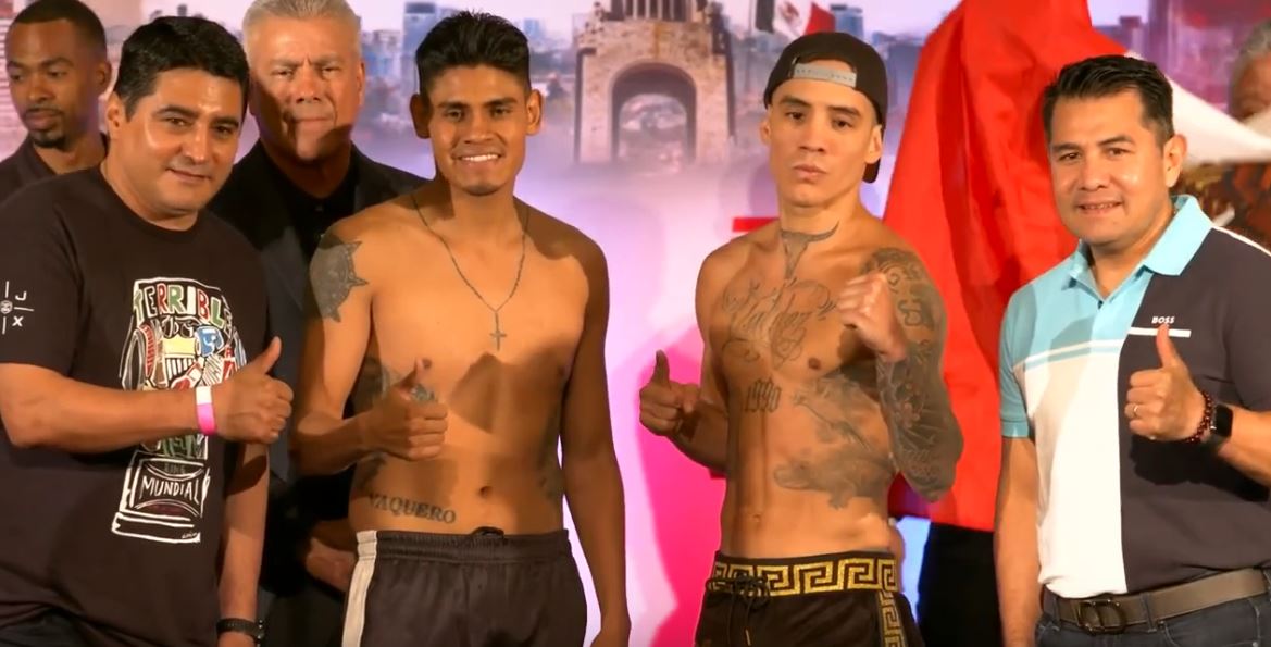 Boxing legends Erik Morales and Marco Antonio Barrera pose with Emanuel Navarrete and Oscar Valdez