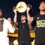 Francis Ngannou and Renan Ferreira pose with the PFL heavyweight championship