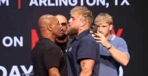 Mike Tyson intense stare down with Jake Paul