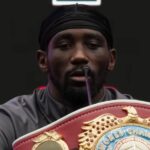 Terence Crawford at press conference for WBA title fight with Israil Madrimov