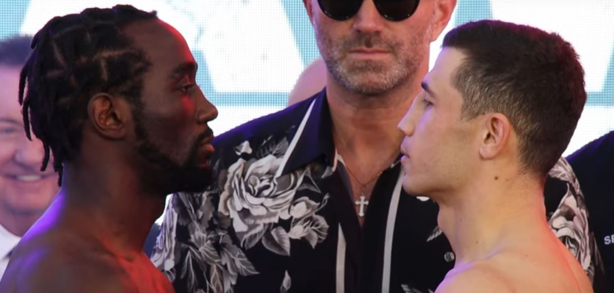 Terence Crawford and Israil Madrimov stare at each other after face off