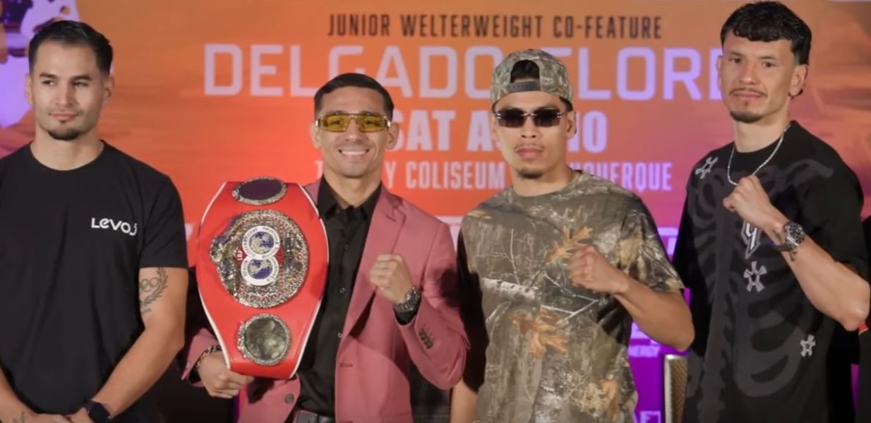 Venado Lopez & Angelo Leo, Lindolfo Delgado and Bryan Flores pose for photos at Top Rank Boxing 2024 press conference